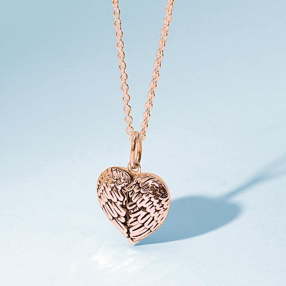 Photo Locket Necklace with Engraving Heart Angel Wings Mother's Gifts Rose Gold Plated - soufeelus