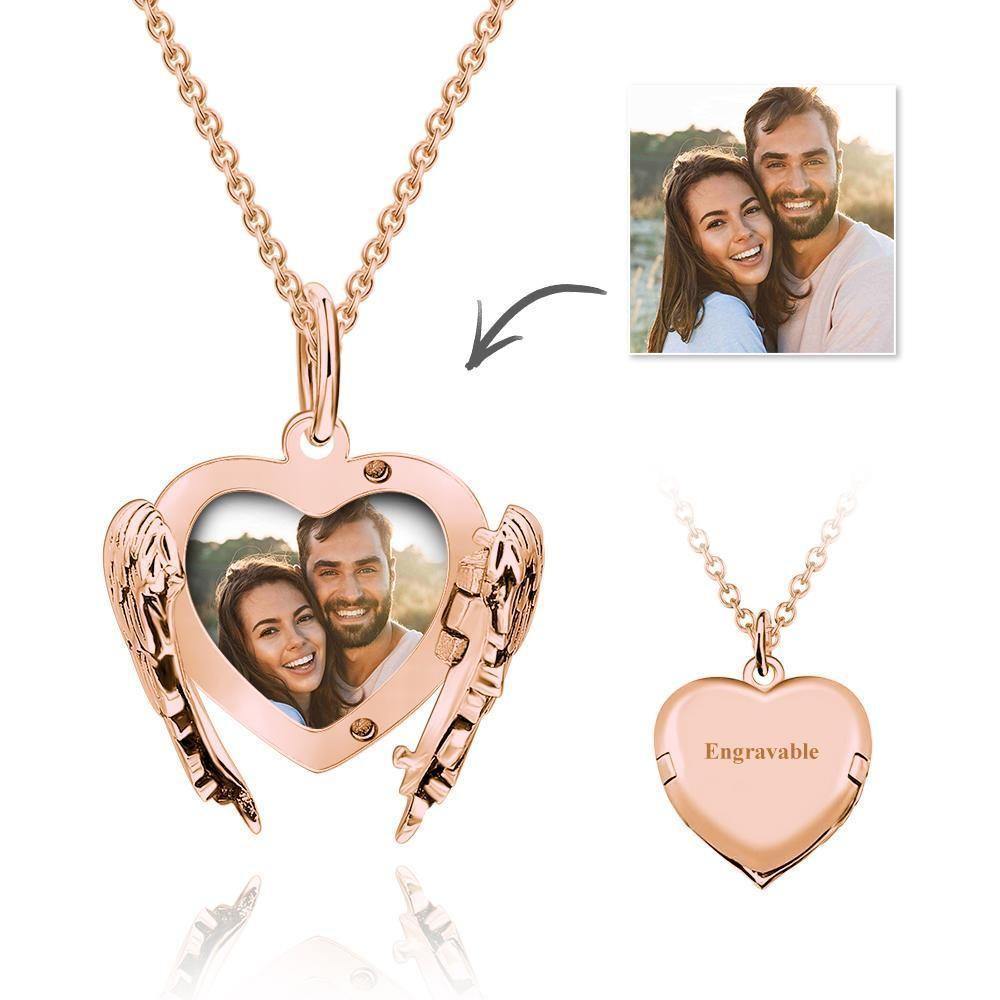 Photo Locket Necklace with Engraving Heart Angel Wings for Mom Rose Gold Plated Silver - soufeelus