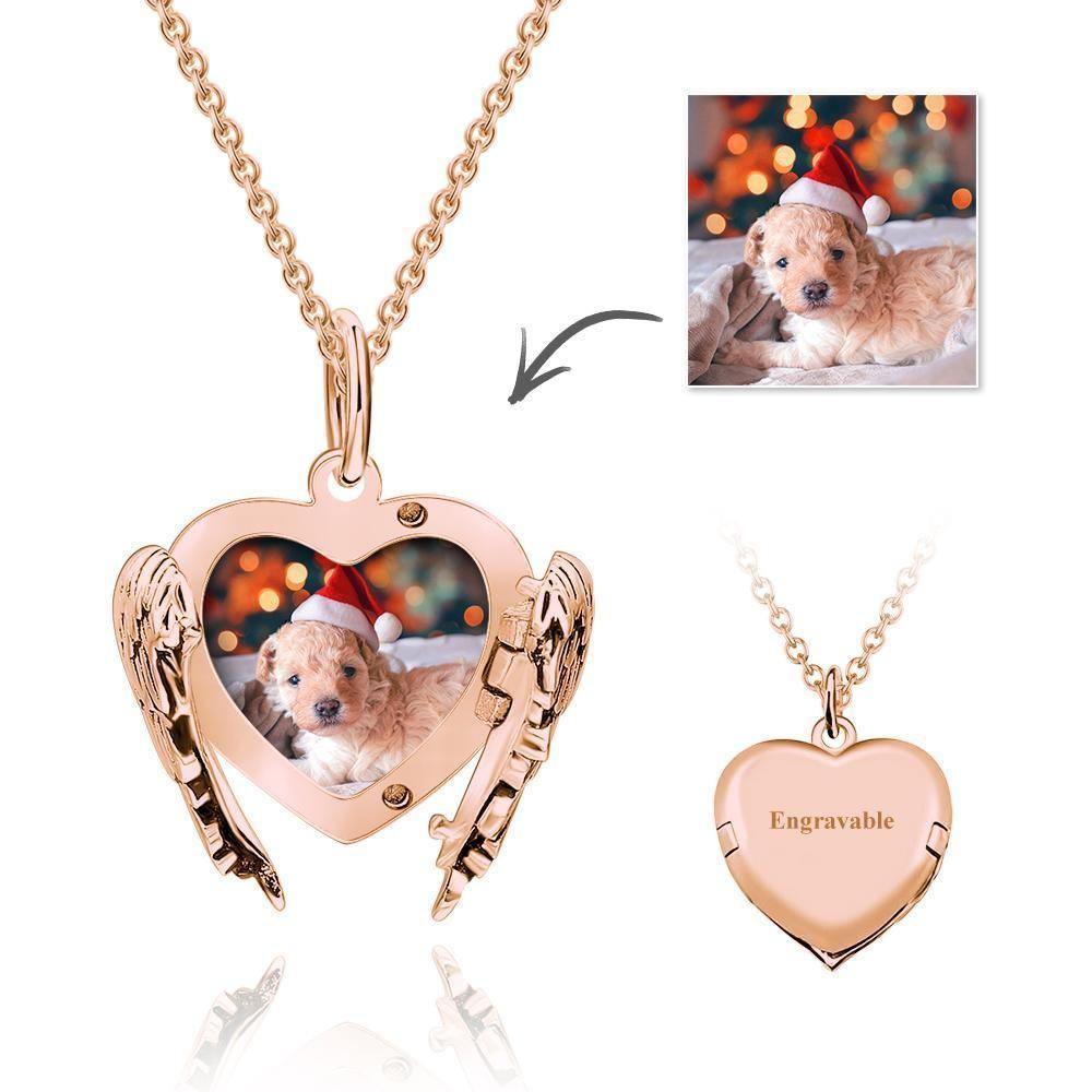Photo Locket Necklace with Engraving Heart Angel Wings Rose Gold Plated Silver - soufeelus