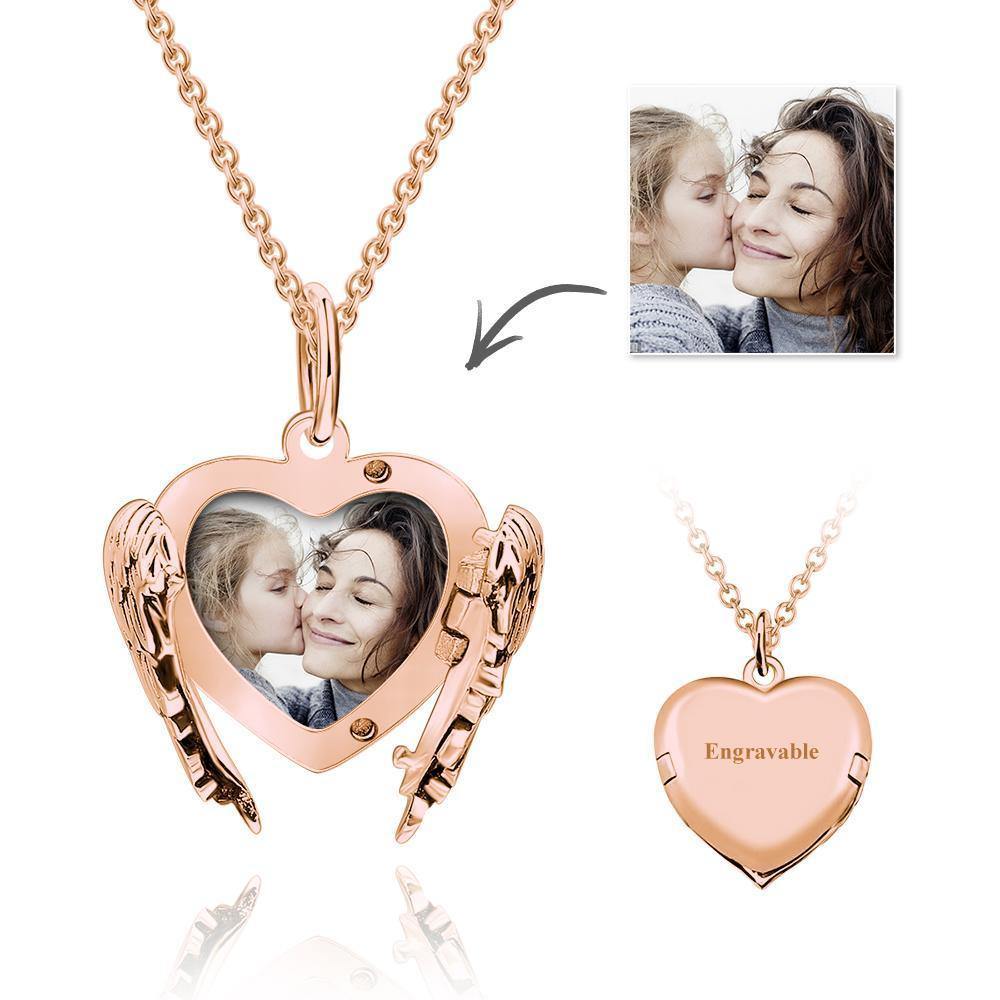 Custom Photo Locket Necklace With Engraving Heart Angel Wings Rose Gold Plated Silver For Mom - soufeelus