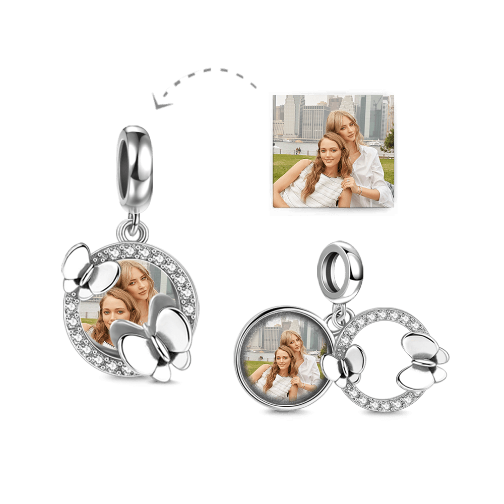 Pave CZ Photo Charm with Butterflies Silver