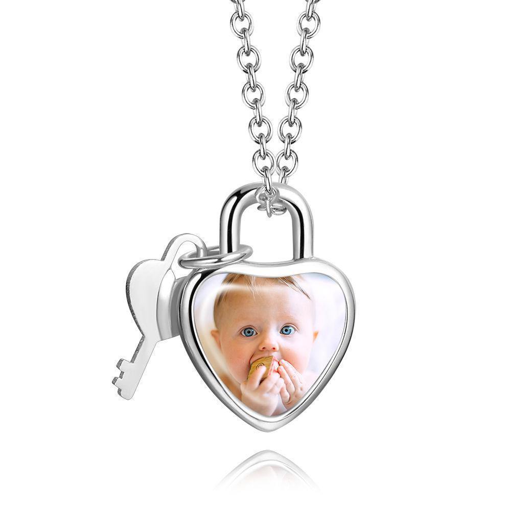 Photo Heart Lock and Key Necklace with Engraving - soufeelus