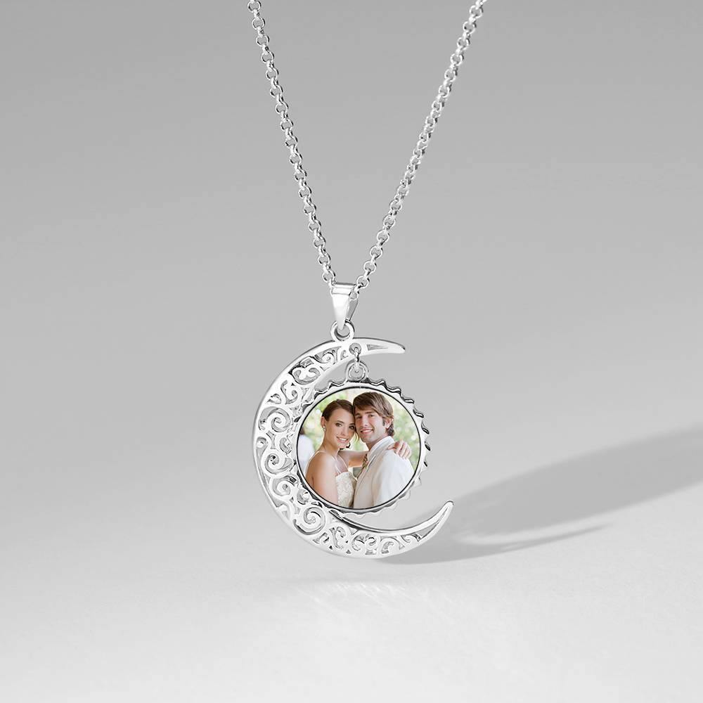 I Love You to the Moon and Back Photo Necklace Platinum Plated Silver - soufeelus