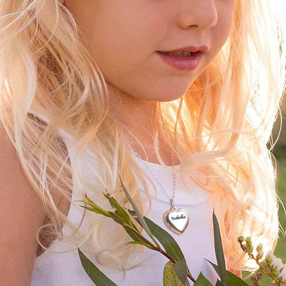 Children's Heart Photo Locket Necklace with Engraving Silver - soufeelus