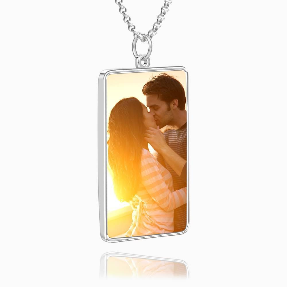 Engraved Rectangle Tag Photo Necklace Silver - soufeelus