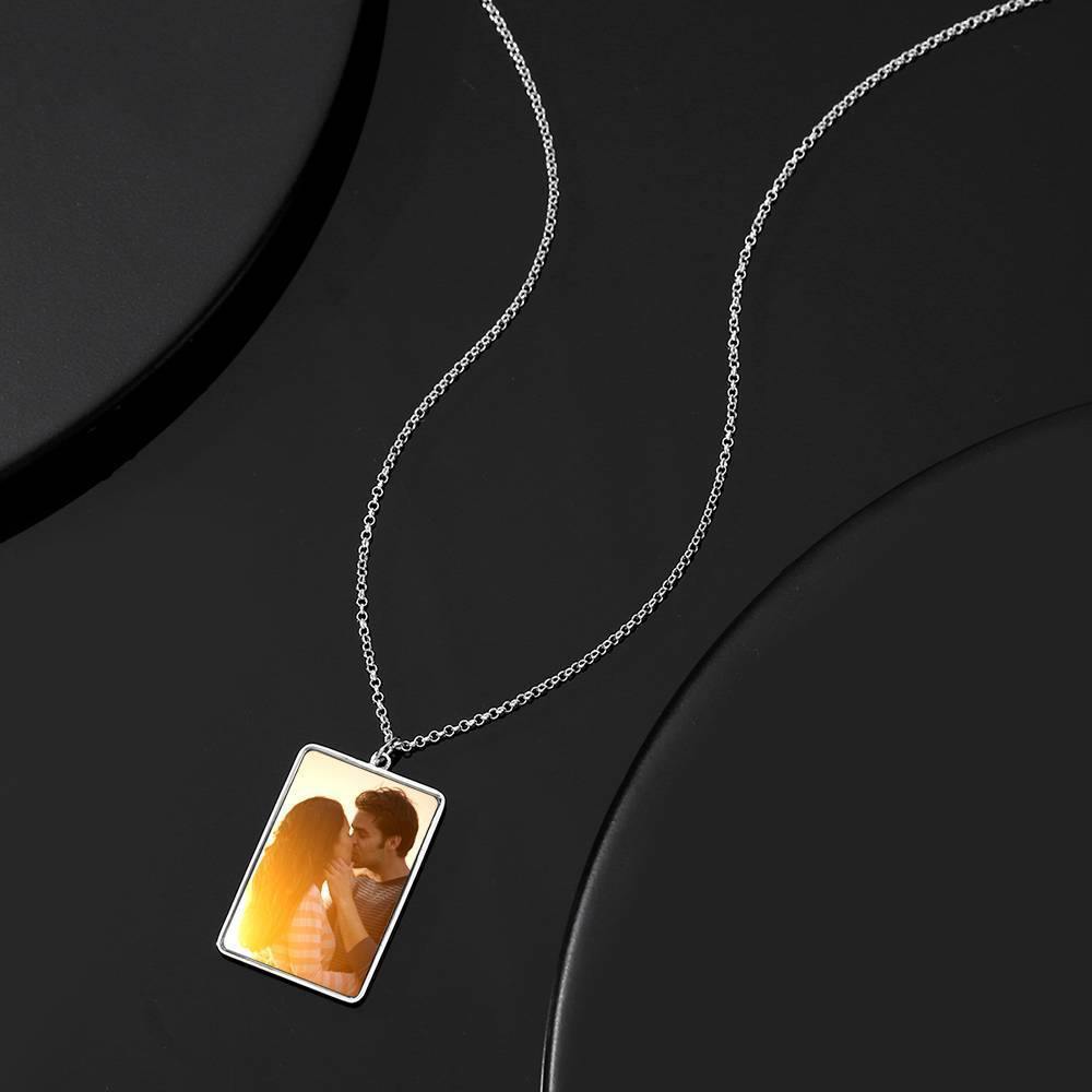 Engraved Rectangle Tag Photo Necklace Silver - soufeelus
