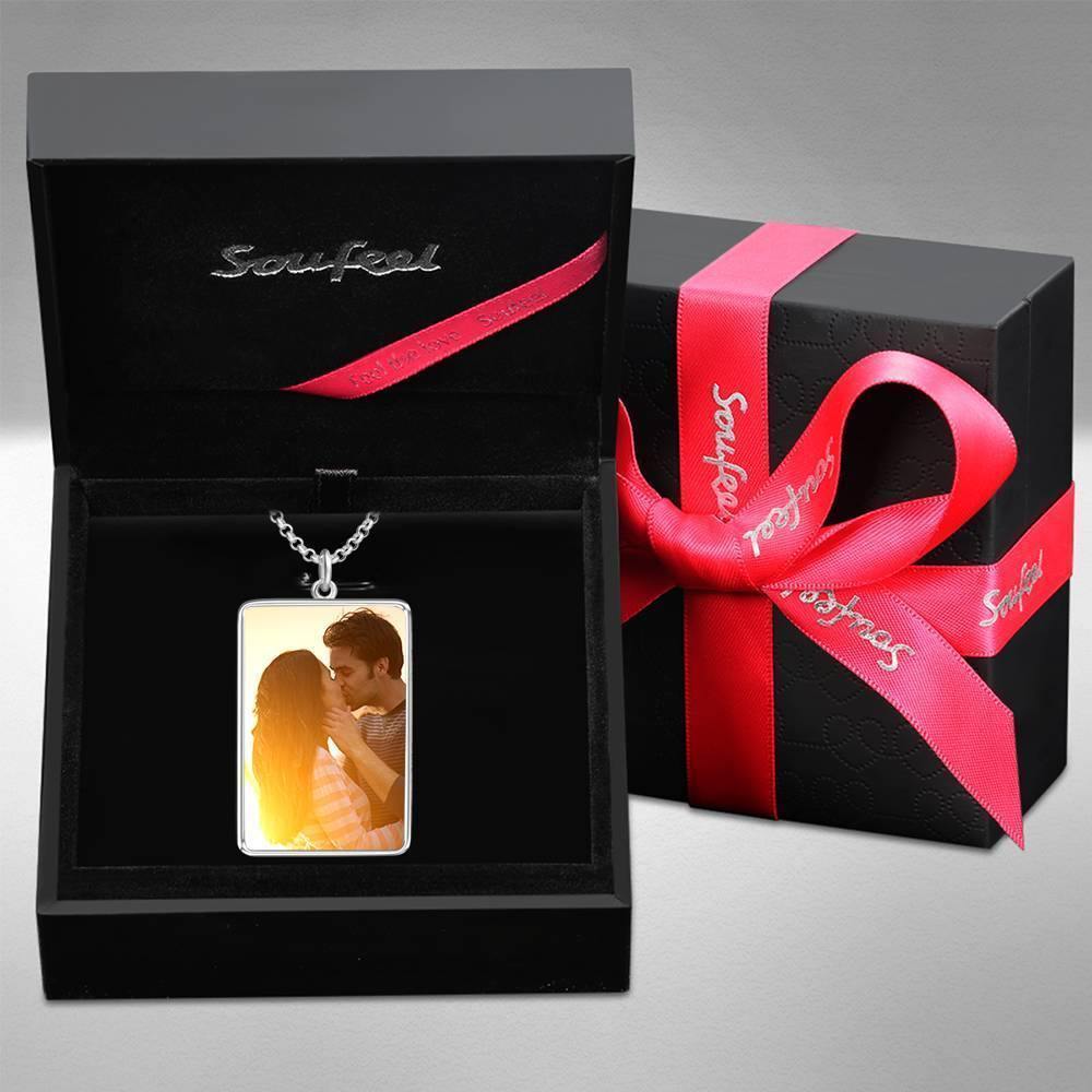 Engraved Rectangle Tag Photo Necklace Silver - soufeelus