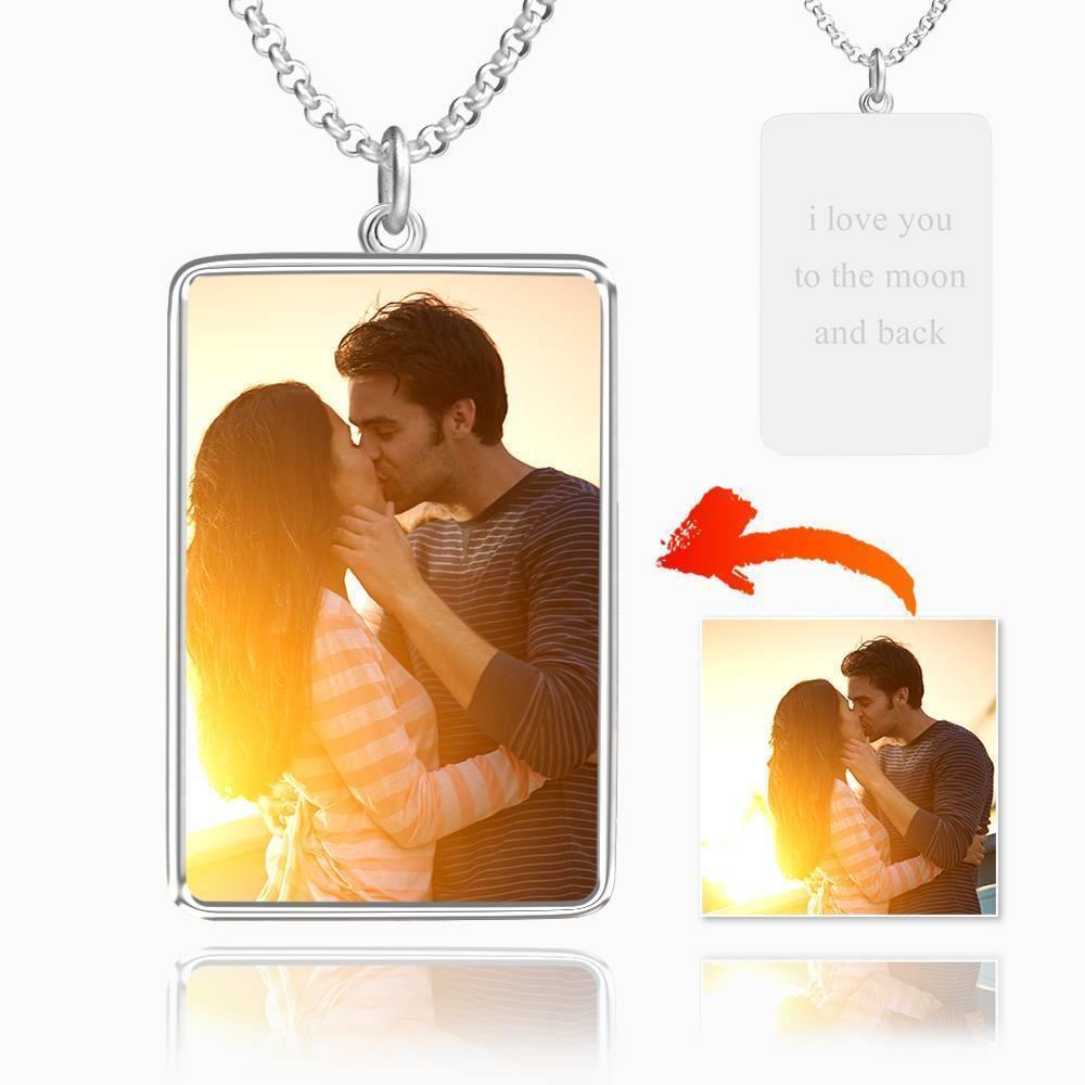 Engraved Rectangle Tag Photo Necklace Silver - soufeelus