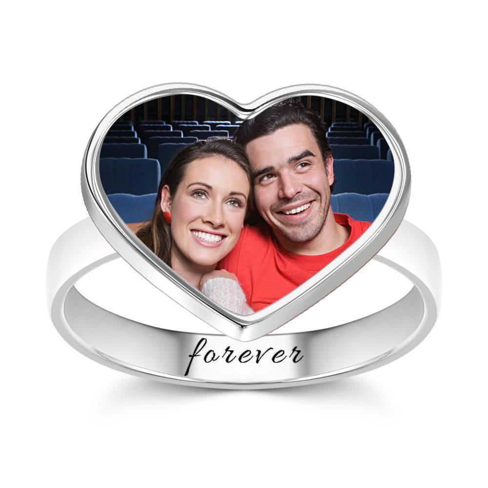 Heart Photo Ring with Engraving Silver Couple Gift
