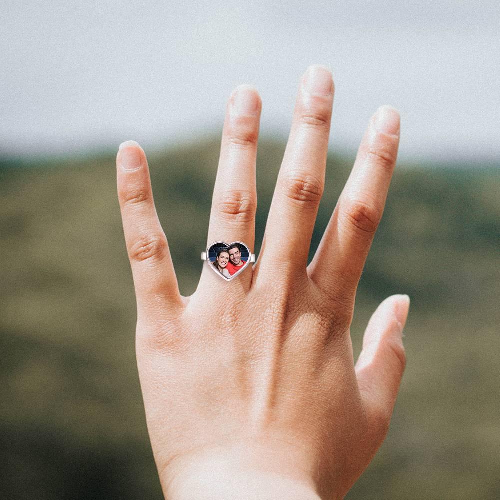 Heart Photo Ring with Engraving Silver Couple Gift