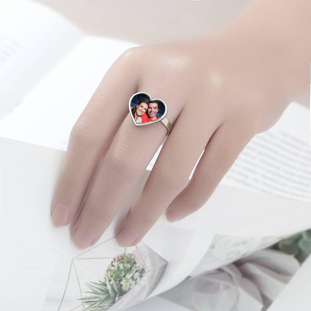 Heart Photo Ring with Engraving Silver Couple Gift