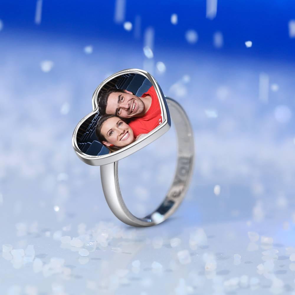 Heart Photo Ring with Engraving Silver Couple Gift