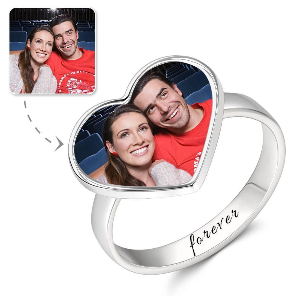 Heart Photo Ring with Engraving Silver Couple Gift