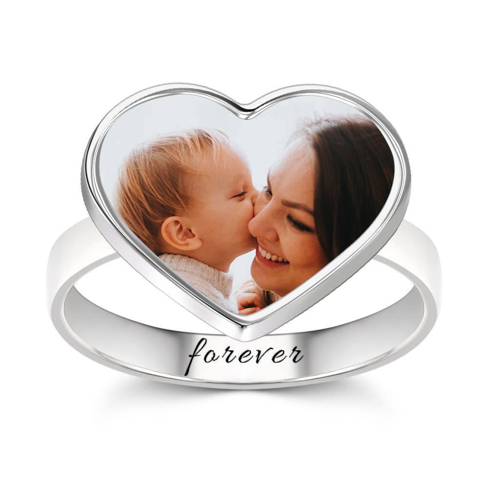 Heart Photo Ring with Engraving Silver, Mother's Gift