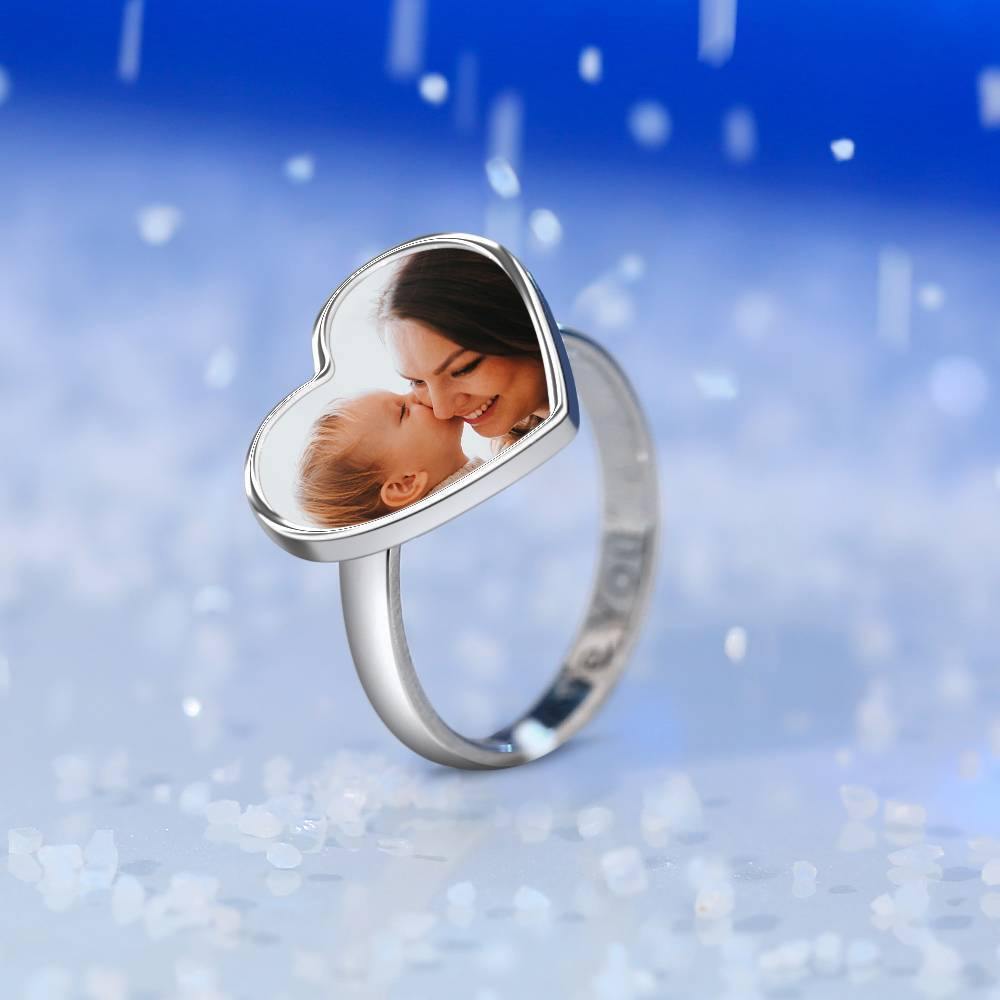 Heart Photo Ring with Engraving Silver, Mother's Gift