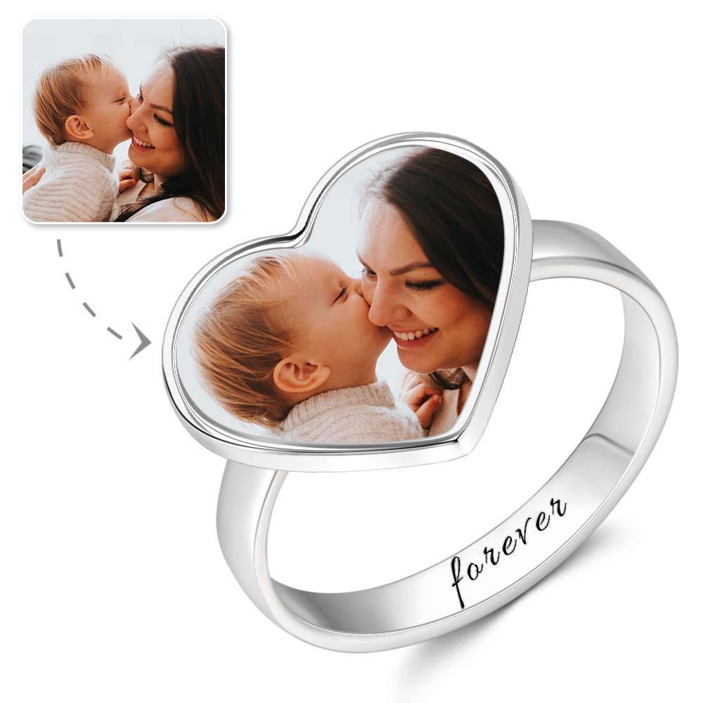 Heart Photo Ring with Engraving Silver, Mother's Gift