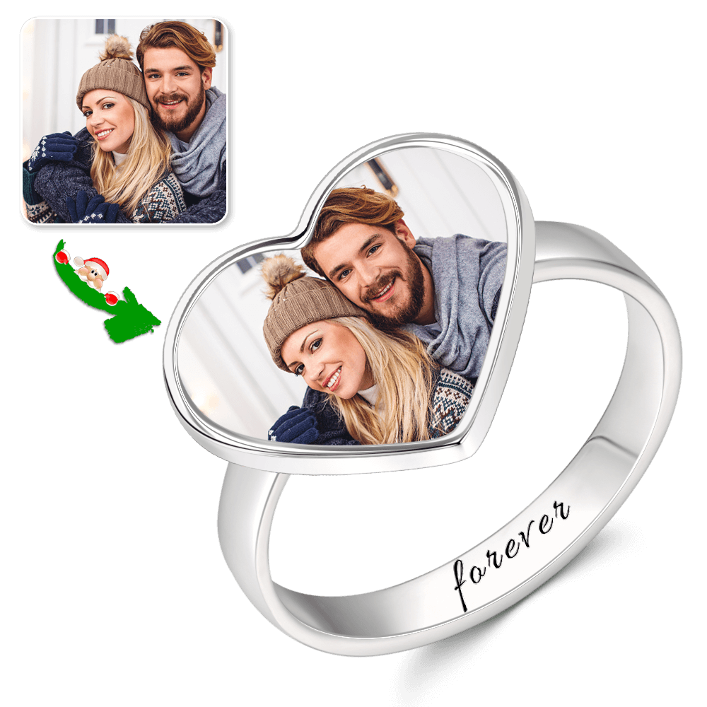 Women's Heart Photo Ring with Engraving Silver