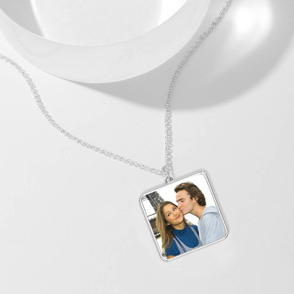 Engraved Square Tag Photo Necklace Silver - soufeelus