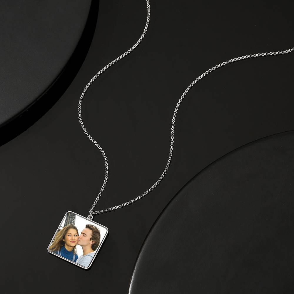 Engraved Square Tag Photo Necklace Silver - soufeelus