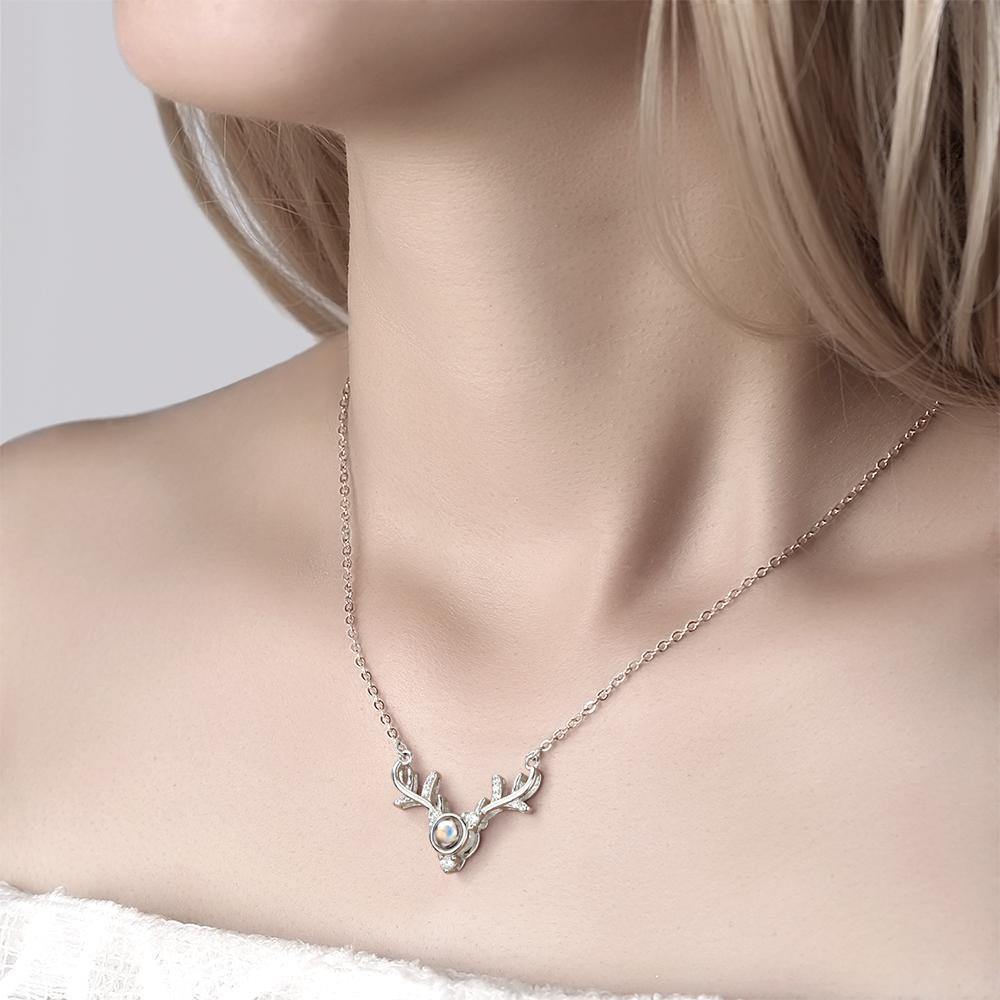 I Love You Necklace in 100 Languages Silver Projection Photo Engraved Antlers - soufeelus