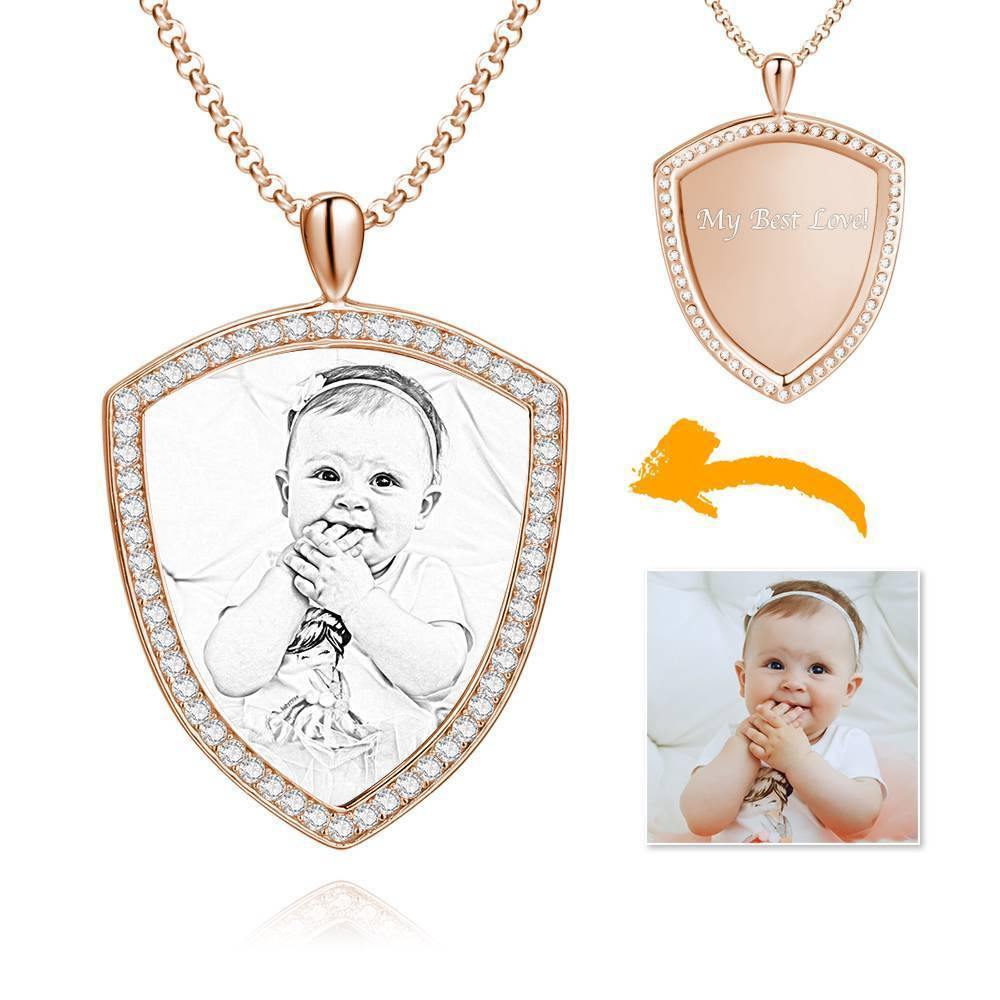 Women's Personalized Photo Engraved Necklace, Rhinestone Crystal Shield Shape Photo Necklace Rose Gold Plated - Sketch - soufeelus
