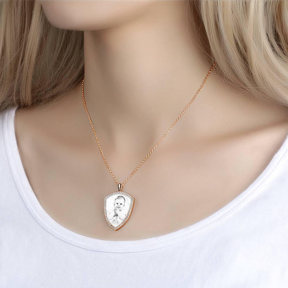 Women's Personalized Photo Engraved Necklace, Rhinestone Crystal Shield Shape Photo Necklace Rose Gold Plated - Sketch - soufeelus