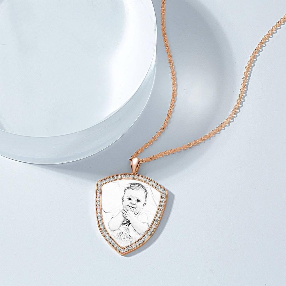 Women's Personalized Photo Engraved Necklace, Rhinestone Crystal Shield Shape Photo Necklace Rose Gold Plated - Sketch - soufeelus