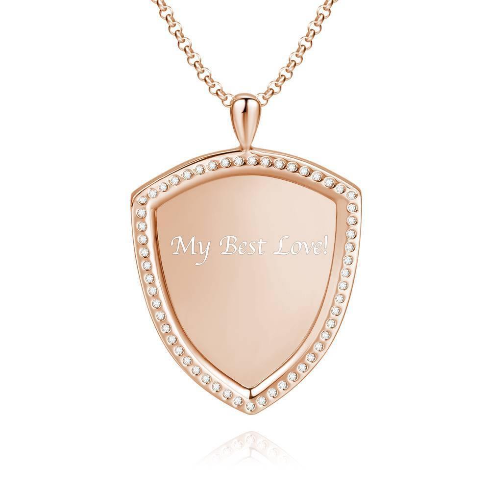 Women's Personalized Photo Engraved Necklace, Rhinestone Crystal Shield Shape Photo Necklace Rose Gold Plated - Sketch - soufeelus