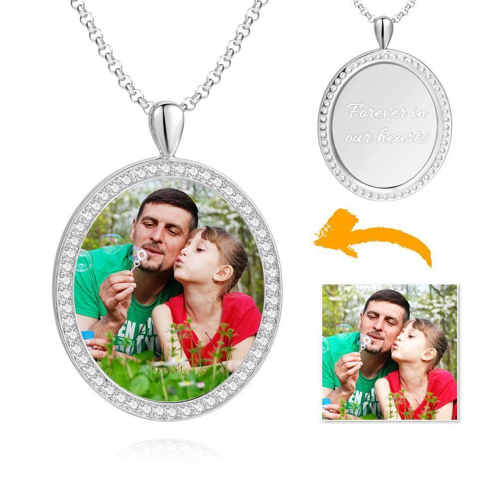 Women's Personalized Photo Engraved Necklace, Rhinestone Crystal Oval Shape Photo Necklace 14K Gold Plated Golden - Colorful - soufeelus