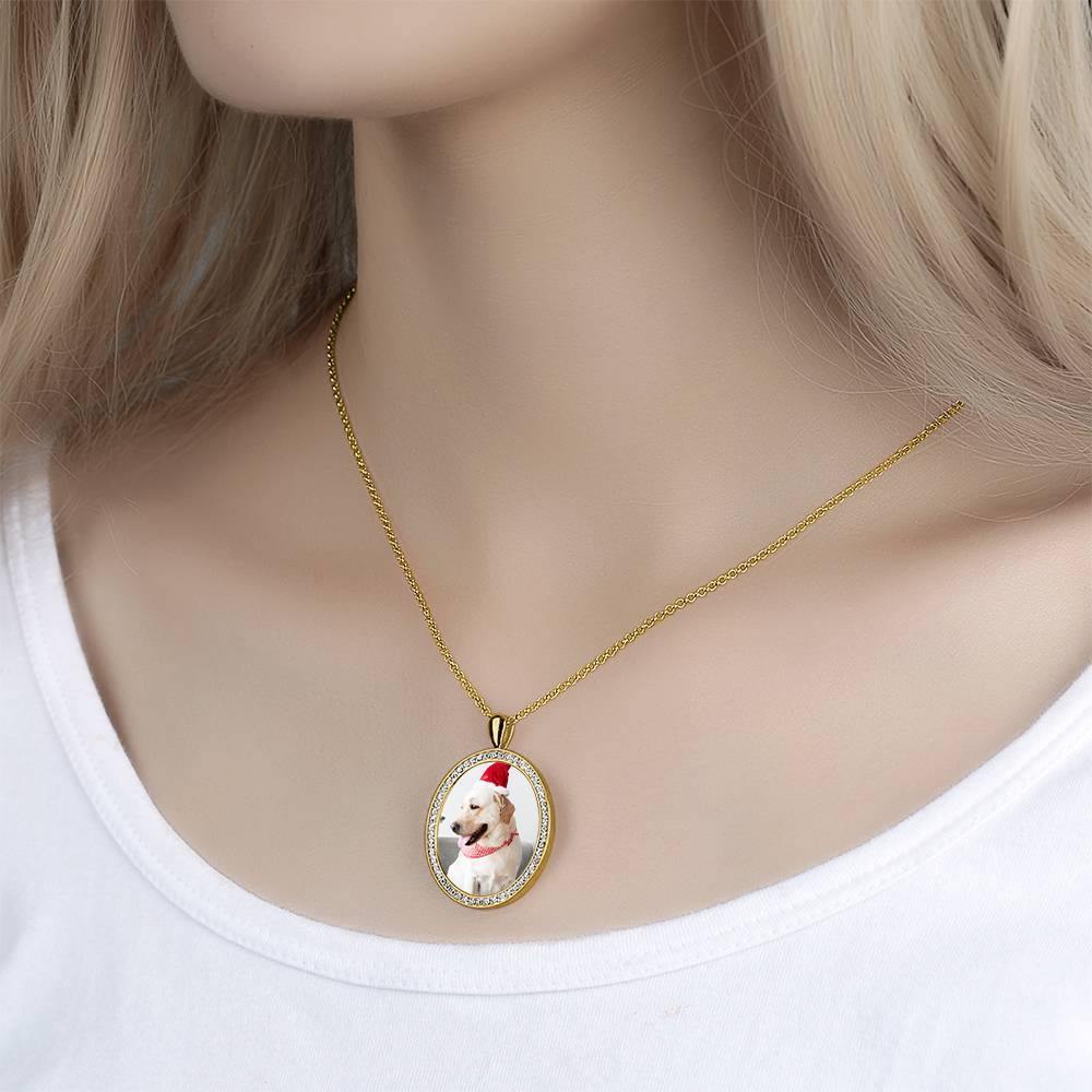 Women's Personalized Photo Engraved Necklace, Rhinestone Crystal Oval Shape Photo Necklace 14K Gold Plated Golden - Colorful - soufeelus