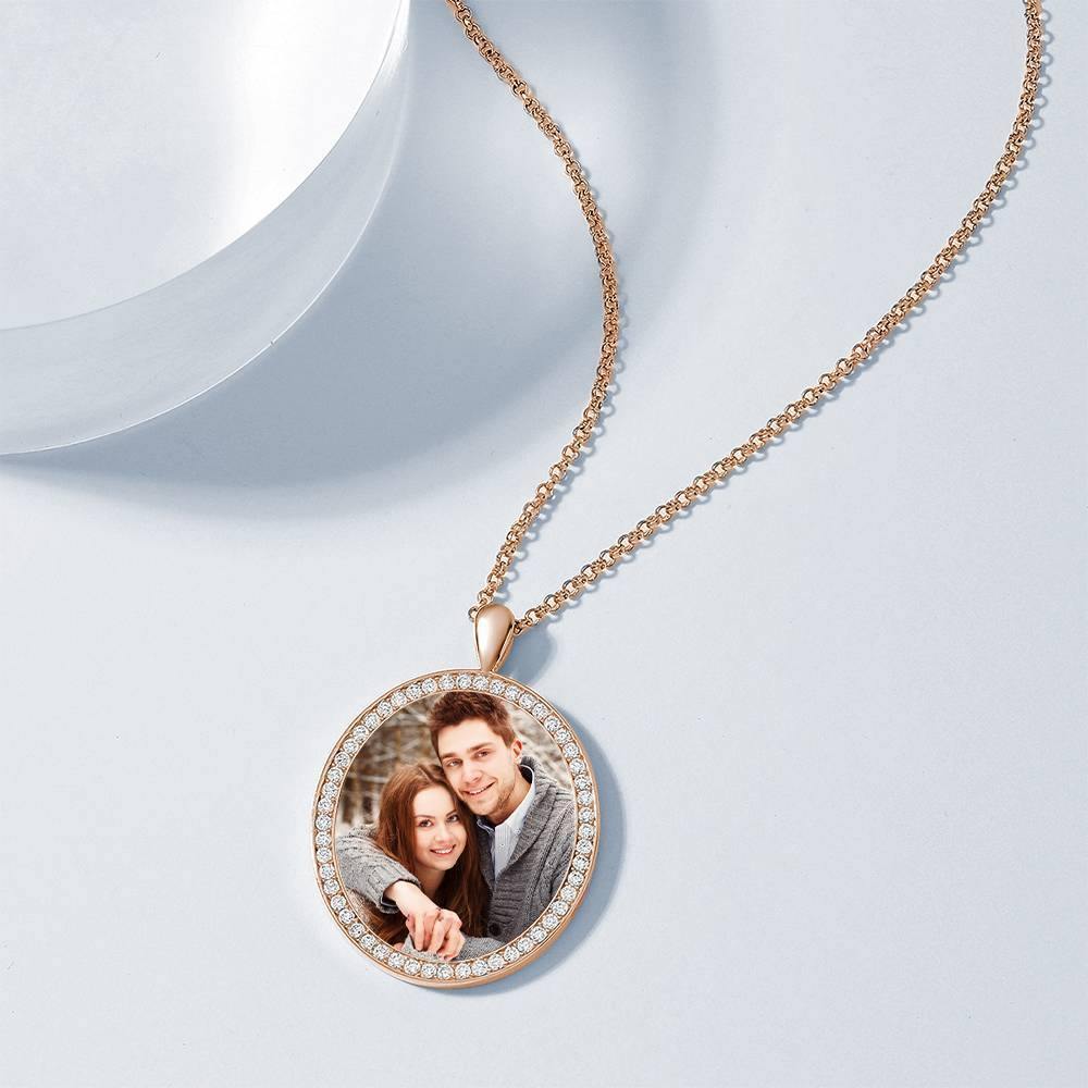 Women's Personalized Photo Engraved Necklace, Rhinestone Crystal Oval Shape Photo Necklace Rose Gold Plated - Colorful - soufeelus