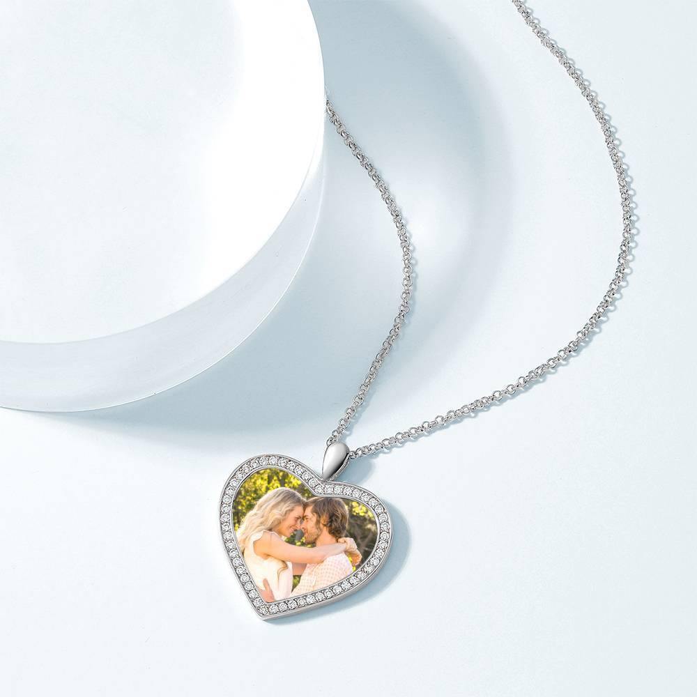 Women's Personalized Photo Engraved Necklace, Rhinestone Crystal Heart Shape Photo Necklace Platinum Plated Silver - Colorful - soufeelus