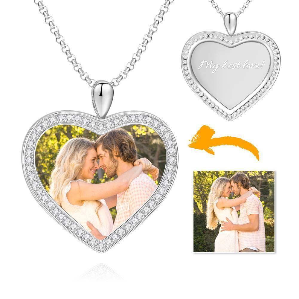 Women's Personalized Photo Engraved Necklace, Rhinestone Crystal Heart Shape Photo Necklace 14K Gold Plated Golden - Colorful