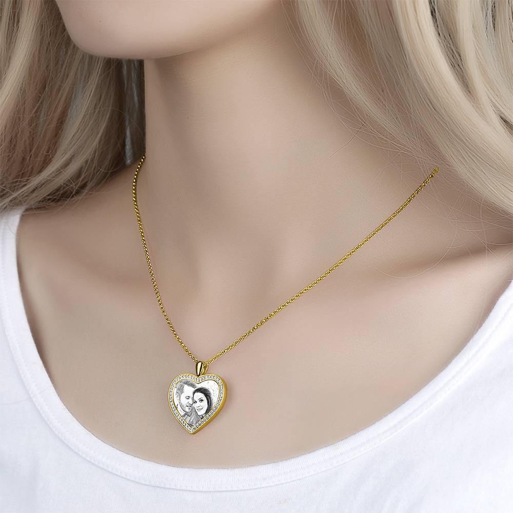 Women's Personalized Photo Engraved Necklace, Rhinestone Crystal Heart Shape Photo Necklace 14K Gold Plated Golden - Sketch - soufeelus