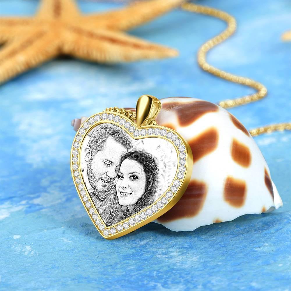 Women's Personalized Photo Engraved Necklace, Rhinestone Crystal Heart Shape Photo Necklace 14K Gold Plated Golden - Sketch - soufeelus