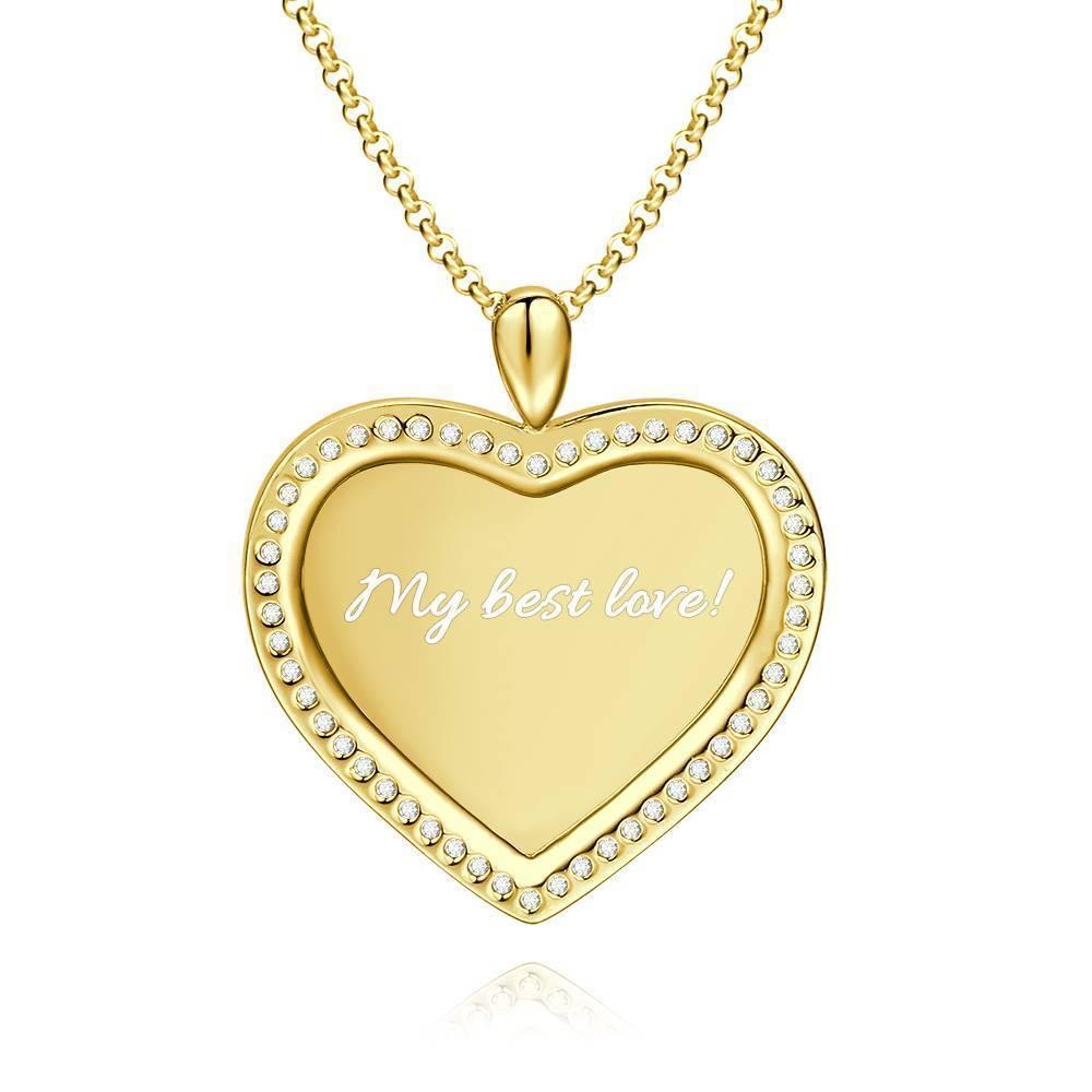 Women's Personalized Photo Engraved Necklace, Rhinestone Crystal Heart Shape Photo Necklace 14K Gold Plated Golden - Colorful