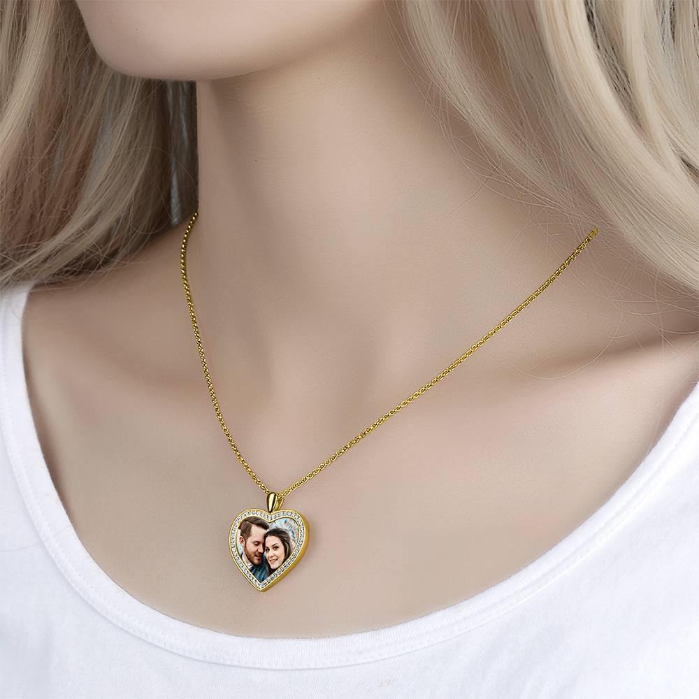 Women's Personalized Photo Engraved Necklace, Rhinestone Crystal Heart Shape Photo Necklace 14K Gold Plated Golden - Colorful