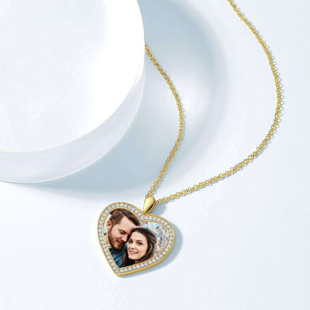 Women's Personalized Photo Engraved Necklace, Rhinestone Crystal Heart Shape Photo Necklace 14K Gold Plated Golden - Colorful