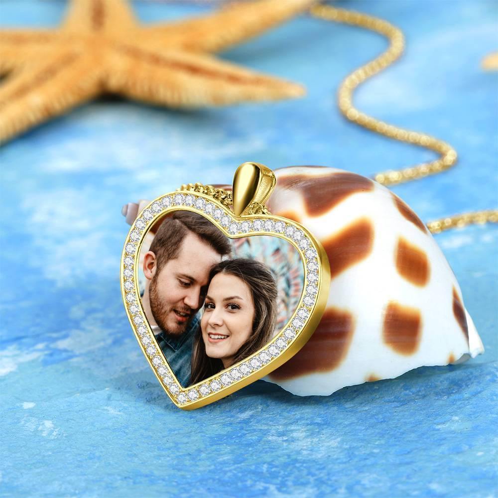 Women's Personalized Photo Engraved Necklace, Rhinestone Crystal Heart Shape Photo Necklace 14K Gold Plated Golden - Colorful
