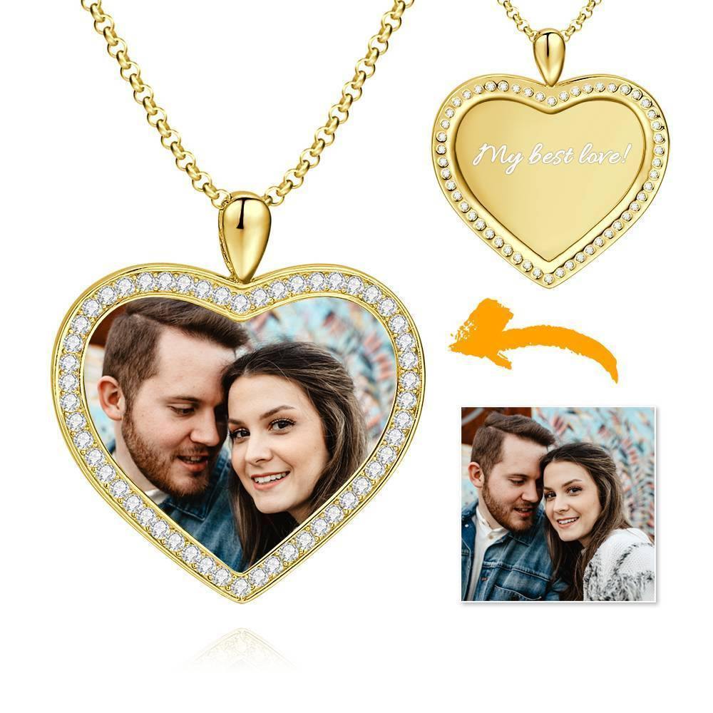 Women's Personalized Photo Engraved Necklace, Rhinestone Crystal Heart