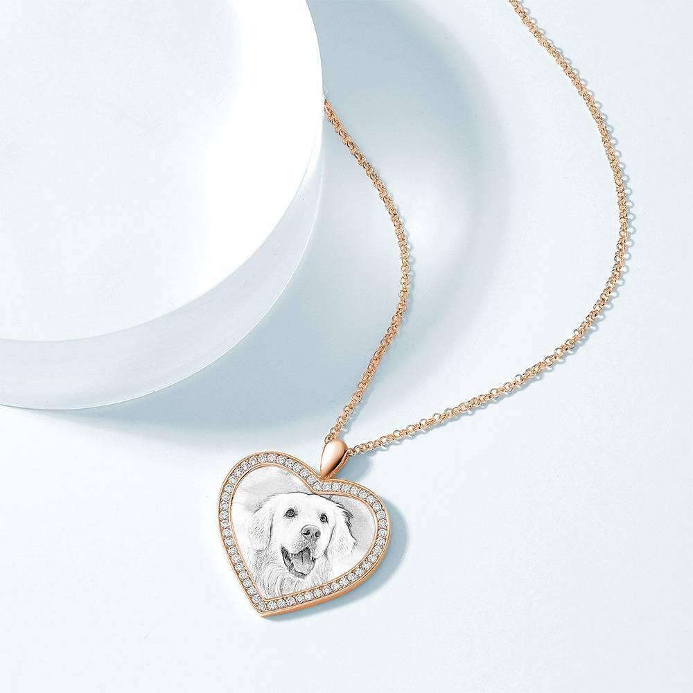 Women's Personalized Photo Engraved Necklace, Rhinestone Crystal Heart Shape Photo Necklace Rose Gold Plated - Sketch - soufeelus