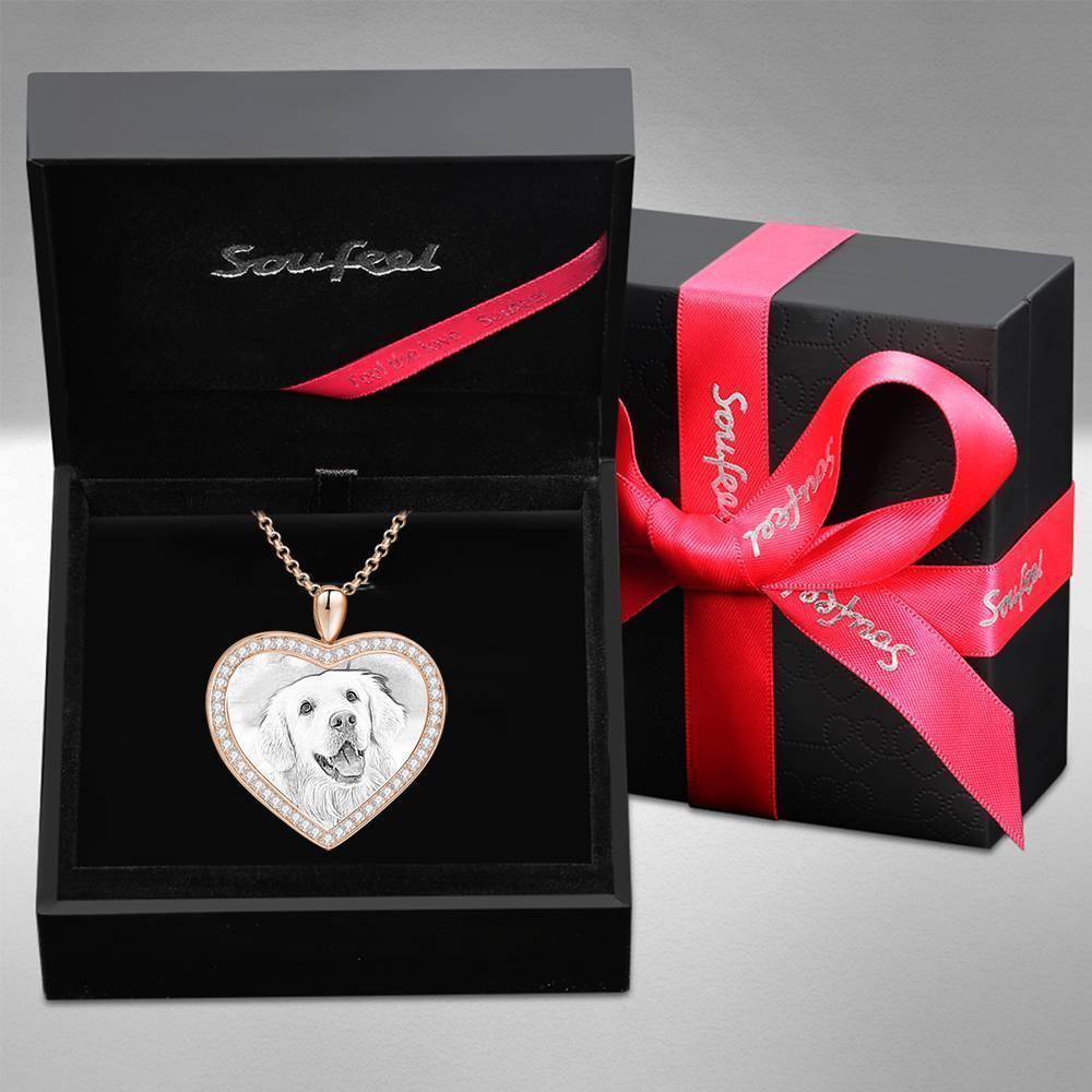 Women's Personalized Photo Engraved Necklace, Rhinestone Crystal Heart Shape Photo Necklace Rose Gold Plated - Sketch - soufeelus