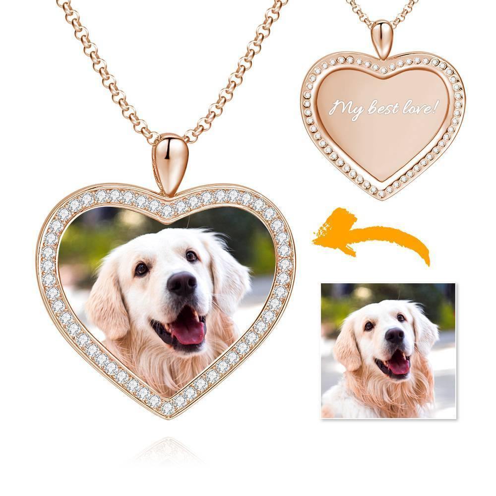 Women's Personalized Photo Engraved Necklace, Rhinestone Crystal Heart Shape Photo Necklace 14K Gold Plated Golden - Colorful