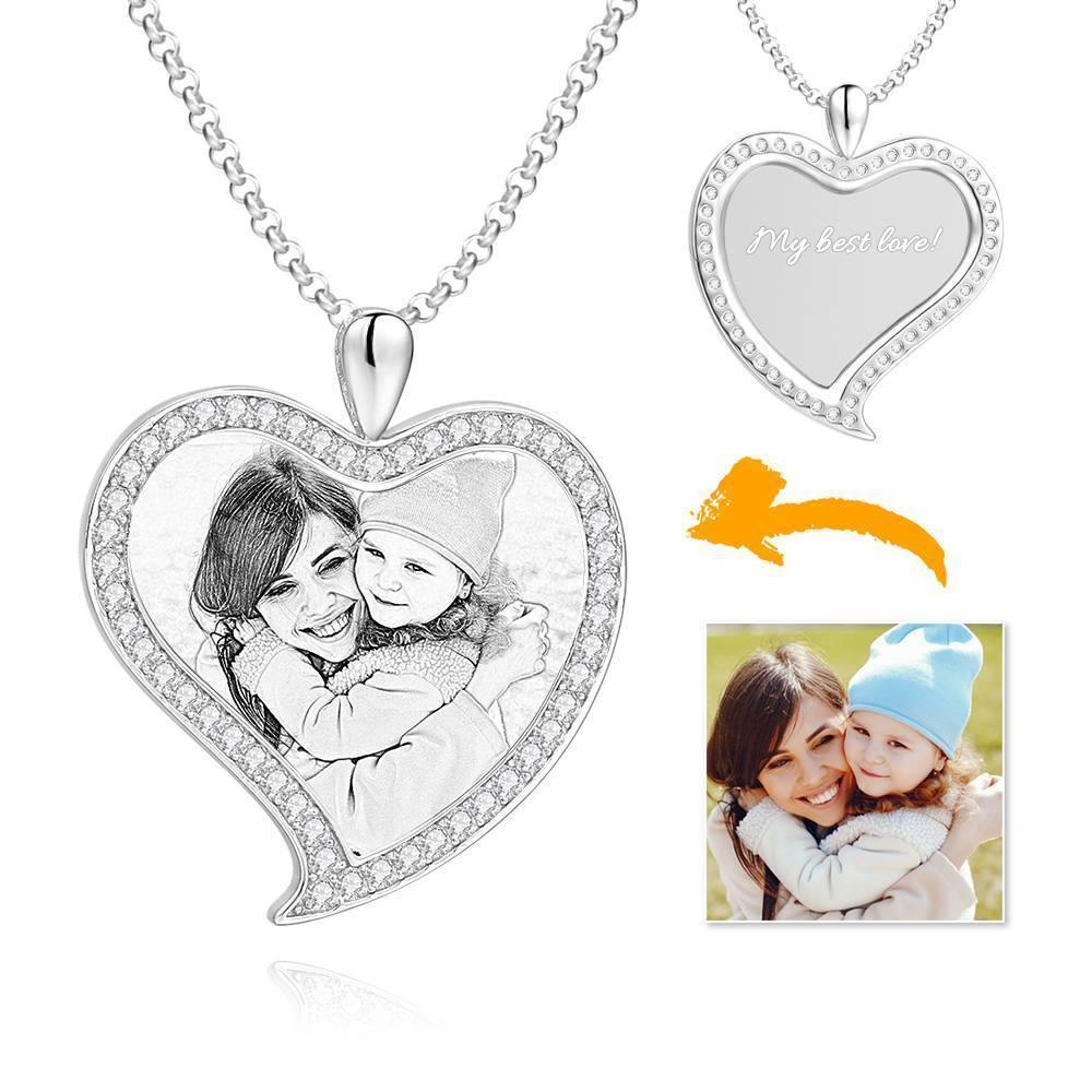 Women's Personalized Photo Engraved Necklace, Rhinestone Crystal Love Heart Shape Photo Necklace Platinum Plated Silver - Sketch