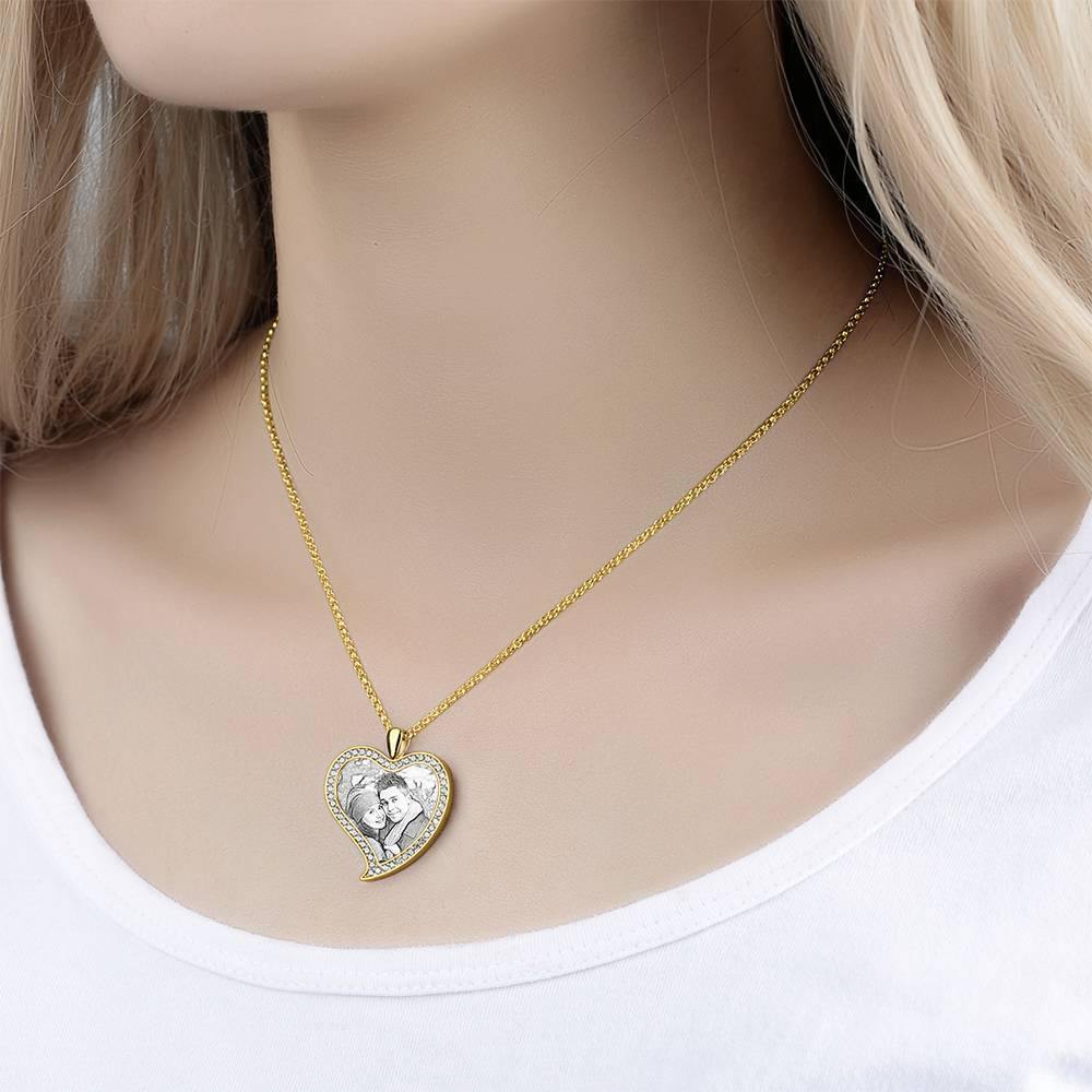 Women's Personalized Photo Engraved Necklace, Rhinestone Crystal Love Heart Shape Photo Necklace 14K Gold Plated Golden - Sketch - soufeelus