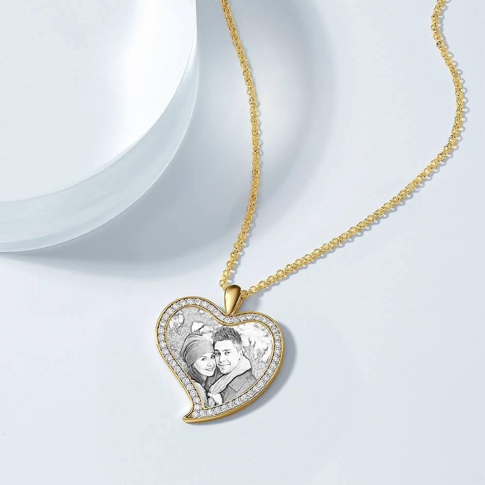 Women's Personalized Photo Engraved Necklace, Rhinestone Crystal Love Heart Shape Photo Necklace 14K Gold Plated Golden - Sketch - soufeelus