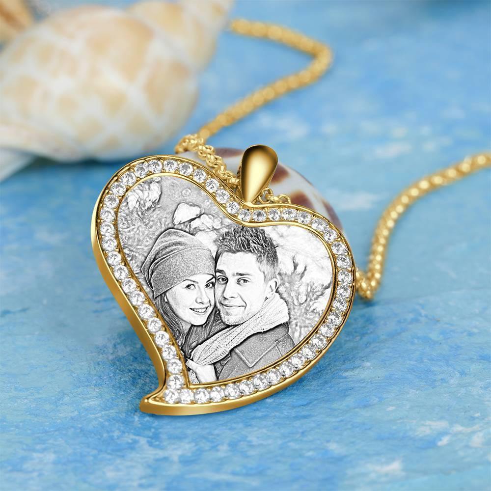 Women's Personalized Photo Engraved Necklace, Rhinestone Crystal Love Heart Shape Photo Necklace 14K Gold Plated Golden - Sketch - soufeelus