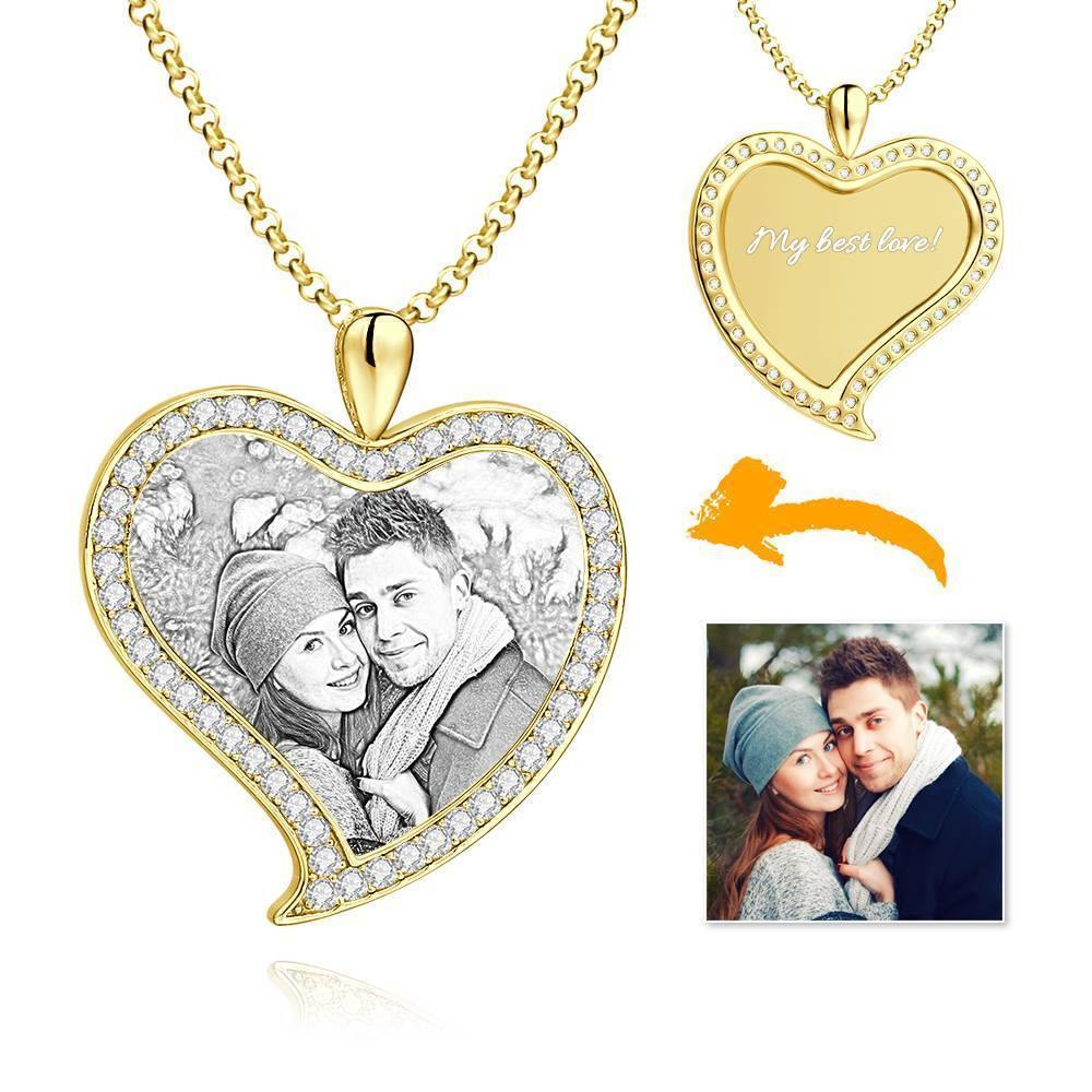 Women's Personalized Photo Engraved Necklace, Rhinestone Crystal Love Heart Shape Photo Necklace 14K Gold Plated Golden - Sketch - soufeelus