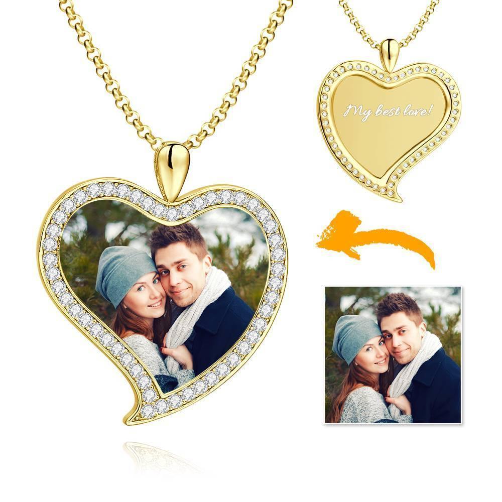 Women's Personalized Photo Engraved Necklace, Rhinestone Crystal Love Heart Shape Photo Necklace 14K Gold Plated Golden - Colorful - soufeelus