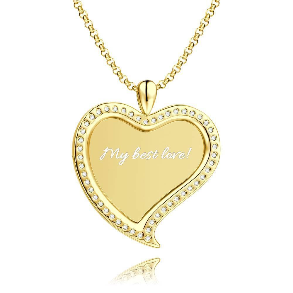 Women's Personalized Photo Engraved Necklace, Rhinestone Crystal Love Heart Shape Photo Necklace 14K Gold Plated Golden - Sketch - soufeelus